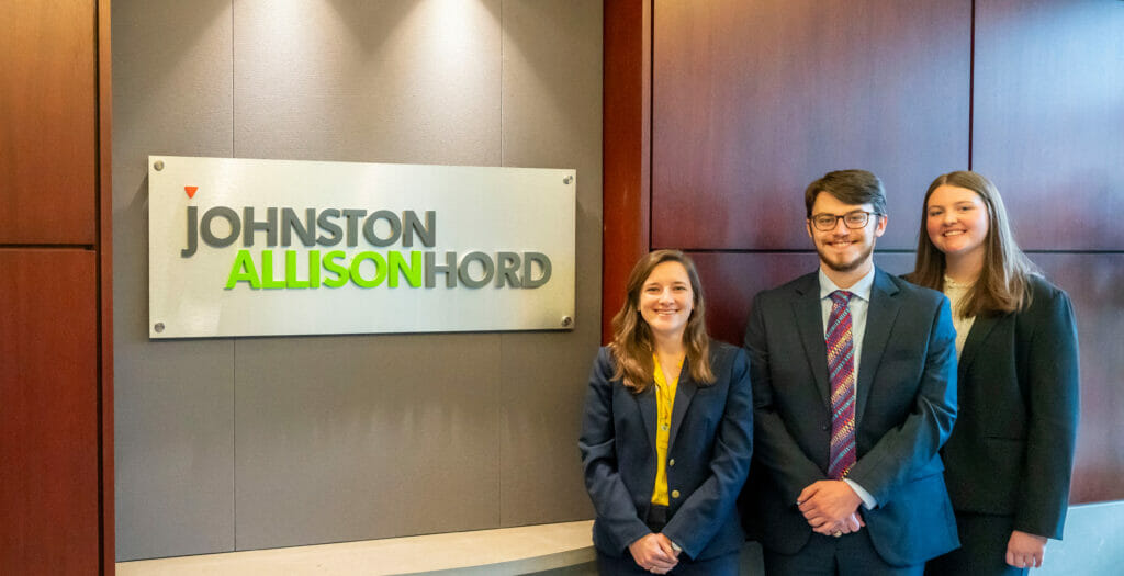 Johnston Allison Hord 2023 summer associates McKenna Fono, Ben Hopkins, and Mackenzie Ferguson. 